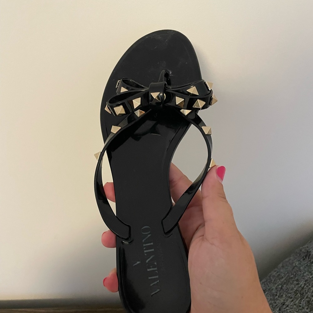 Valentino Black Rockstud Rubber Slipper with Silver Studs